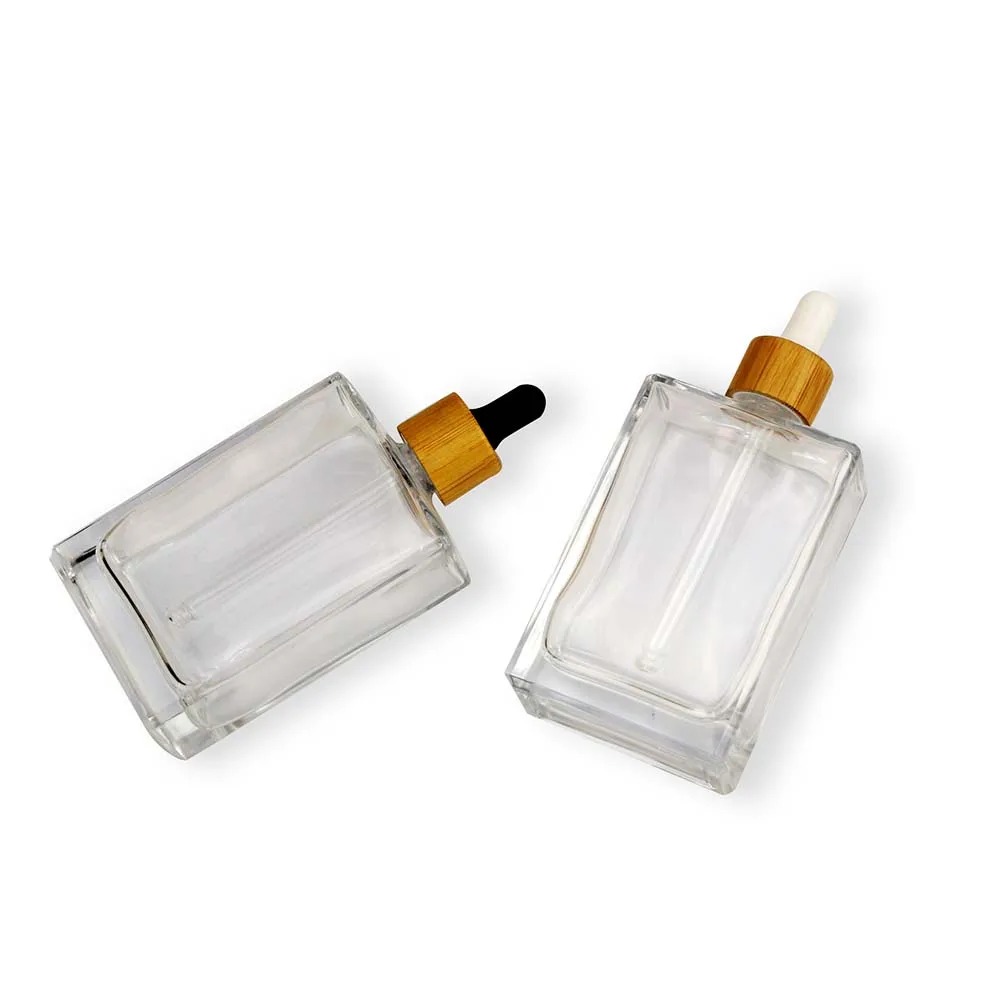 Spot Wholesale 100ml Square GlassTransparent Dropper Bottle Cosmetic Bamboo Cover Essential oil bottle container