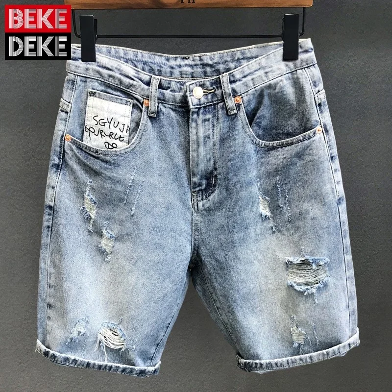 Mens New Loose Straight Fashion Knee Length Jeans Shorts Pockets Hole Zippers Spliced Letter Korean Style High Street Shorts