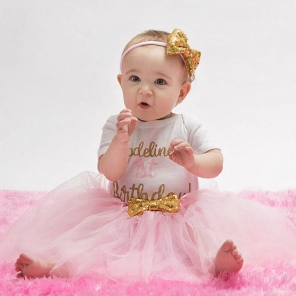 custom name gold glitter Baby Girl Clothes First Birthday Outfit set Baby Shower Gift Princess tutu skirt headband Newborn shirt