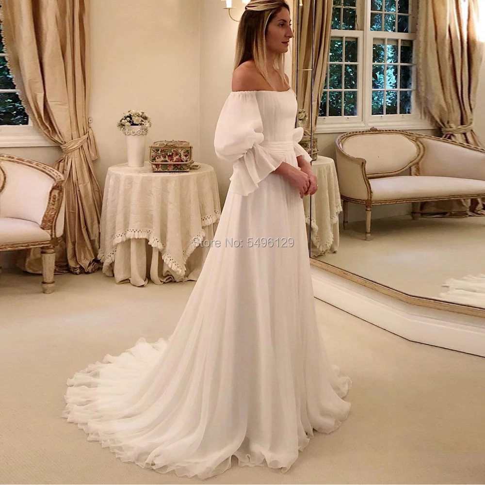 

Elegant Chiffon Wedding Dresses with Lantern Sleeves Vestido De Noiva Boat Neck Floor Length White Bride Gowns Sweep Train Boho