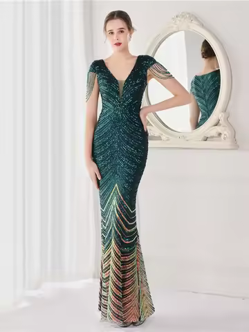 DEERVEADO Elegant V Neck Mermaid Evening Dress Long Luxury Beads Women Evening Party Dresses 2025 New Formal Dress 19085