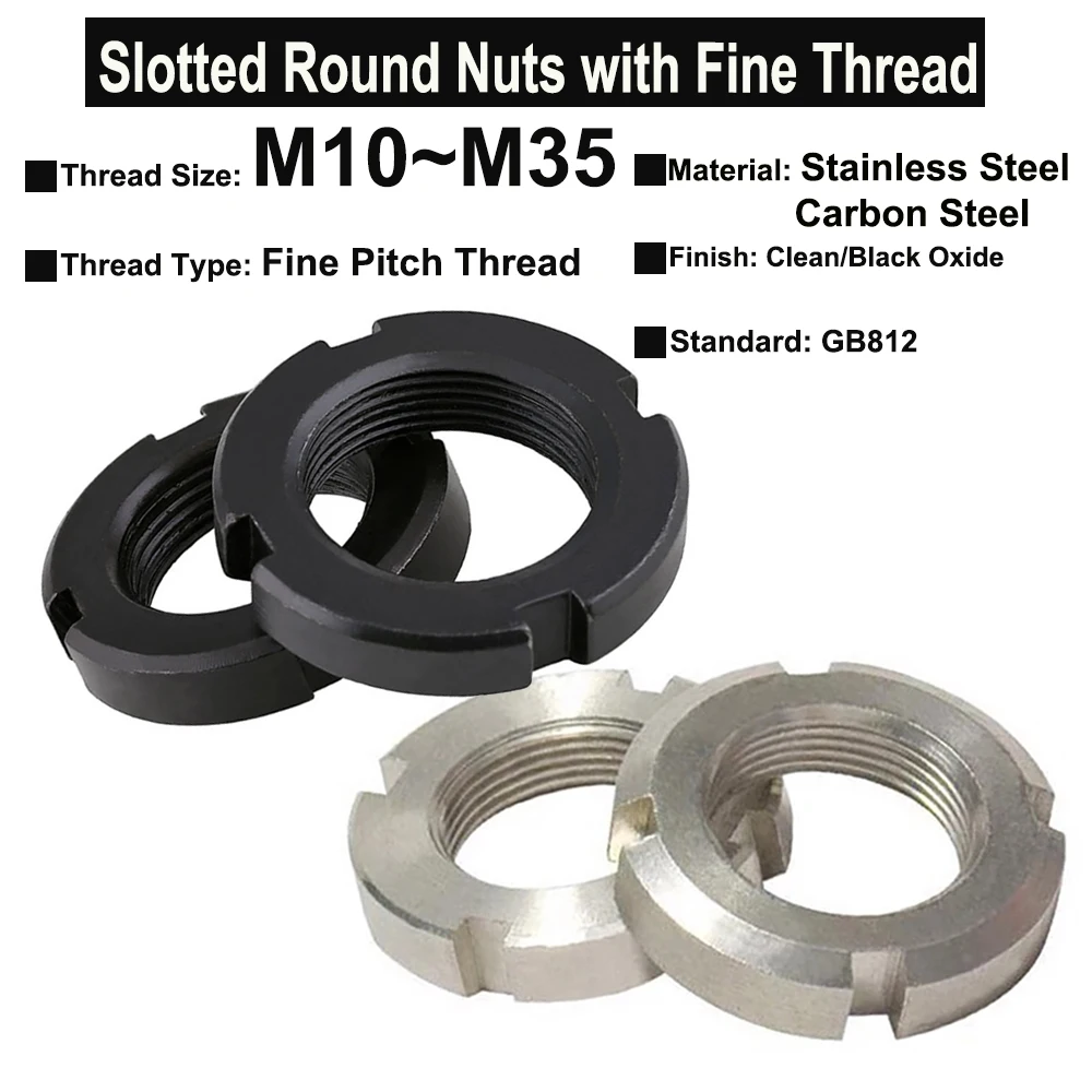 GB812 Slotted Round Nuts M10 M12 M14 M16 M18 M20 M22 M24 M25-M35 SUS304 Stainless Steel/ Carbon Steel Locknuts with Fine Thread