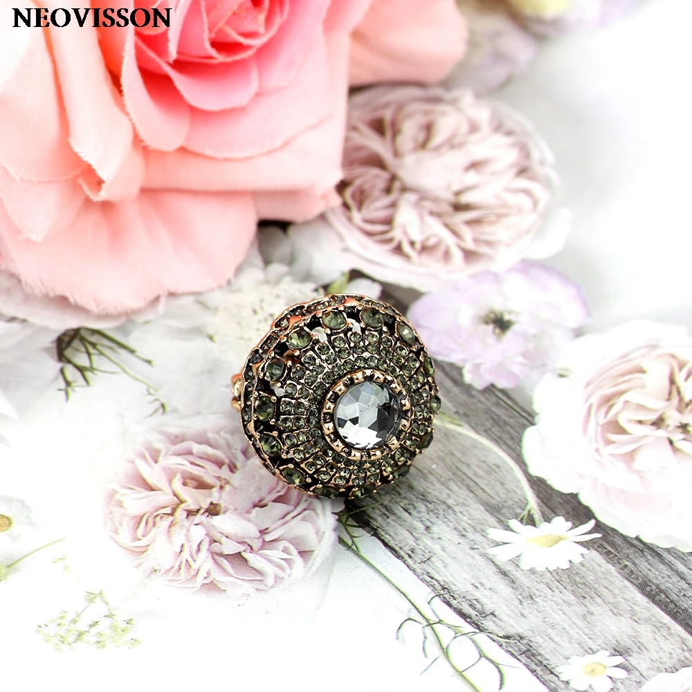 Sunspicems Gray Crystal Turkish Ball Ring Female Retro Vintage Party Jewelry Antique Gold Color Arabic Women Bijoux