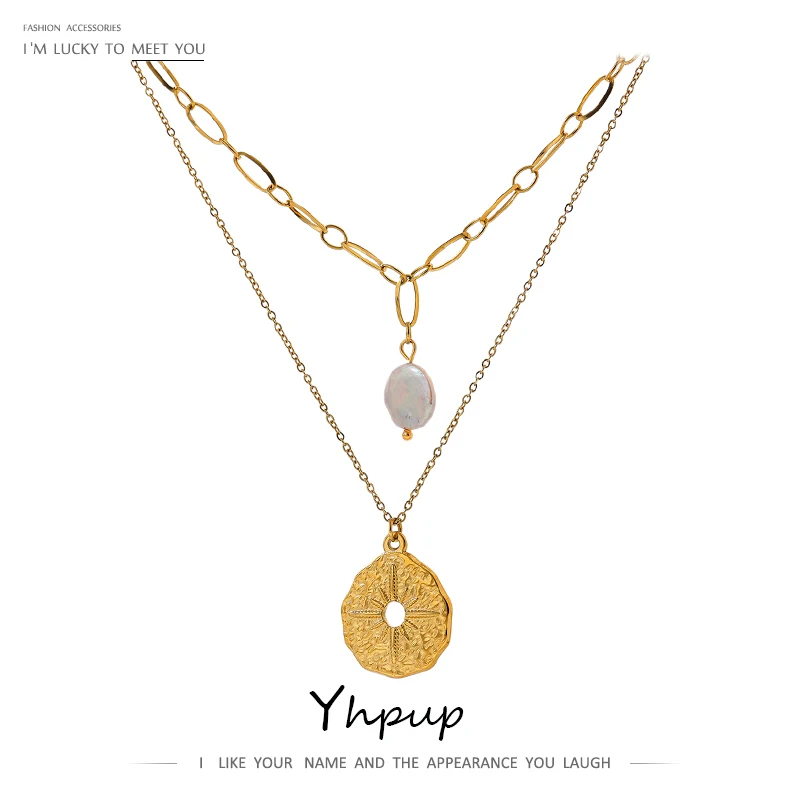 Yhpup Statement Round North Star Layered Pendant Necklace for Women Golden Stainless Steel Natural Pearl Chain Collar Necklace