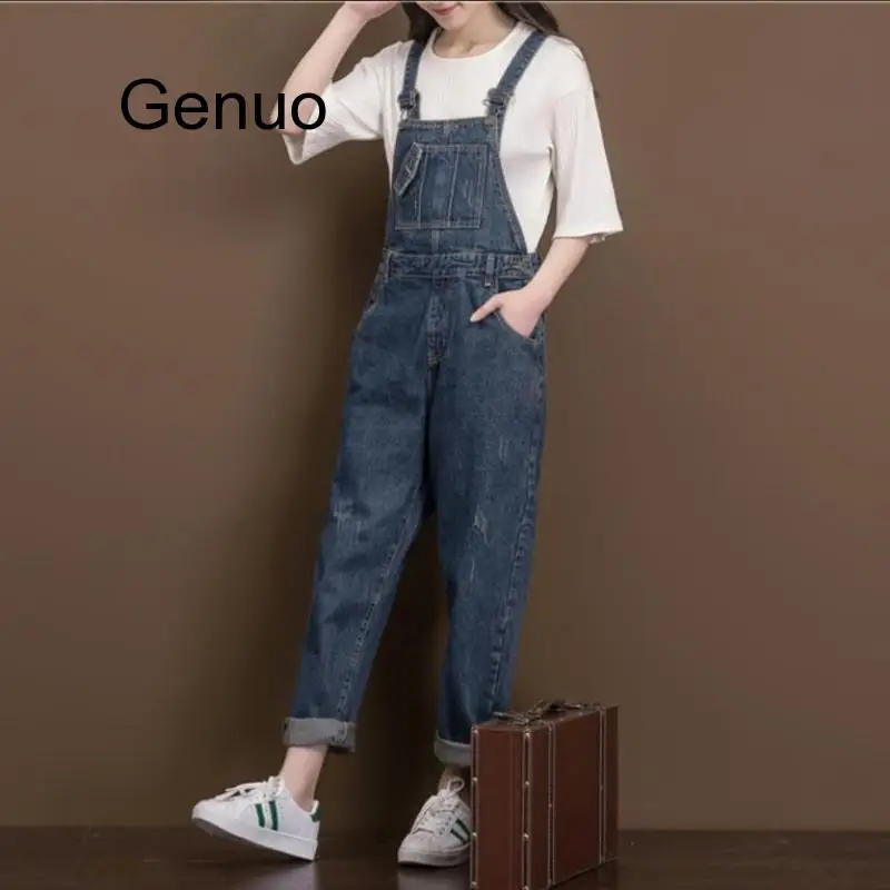 Women Vintage Casual Loose Denim Jumsuits  Ladies  Retro Plus Size Denim Overalls Jeans Rompers Ladies Wide Leg Pants