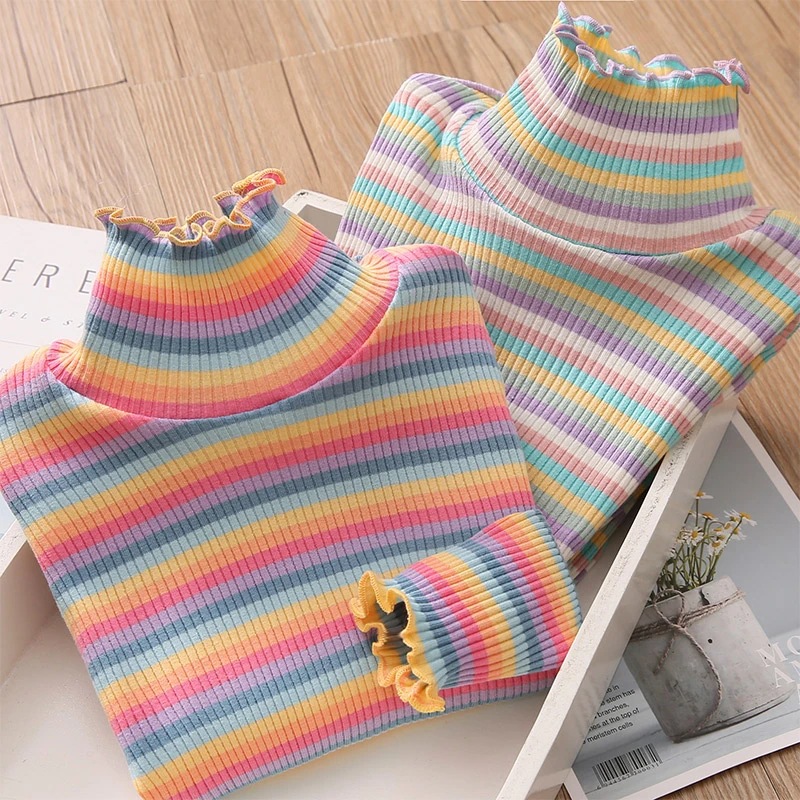 

2023 Spring Autumn 2 3 4 5 6 8 10 12 Years Child Long Sleeve Colorful Striped High Neck Basic Turtleneck T-Shirt For Kids Girls