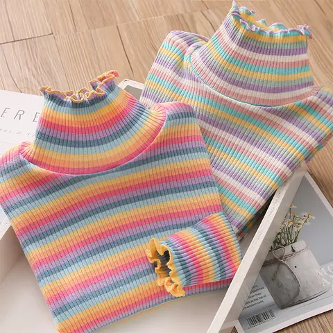 2025 Spring Autumn 2 3 4 5 6 8 10 12 Years Child Long Sleeve Colorful Striped High Neck Basic Turtleneck T-Shirt For Kids Girls