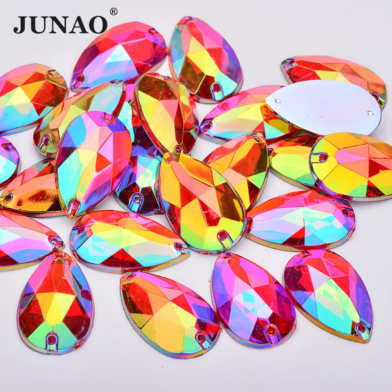 JUNAO 100pcs 17x28mm Glitter Red AB Crystal Rhinestone Flatback Teardrop Strass Sewing Large Crystal Stones for Clothing Crafts