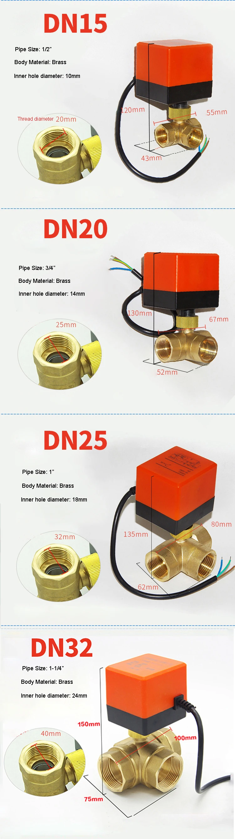 1/2" 3/4" 1" 2" Dreiwege-Motorisiertes Kugelventil 220V 12V 24V 3-Draht 2-Punkt-Steuerung Elektrisches Kugelventil aus Messing – Detail 2