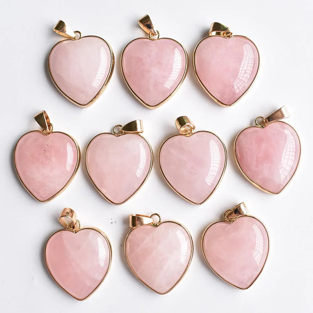 wholesale 10pcs/lot good quality natural stone roses quartz gold color side heart shape pendants 25mm for jewelry making free