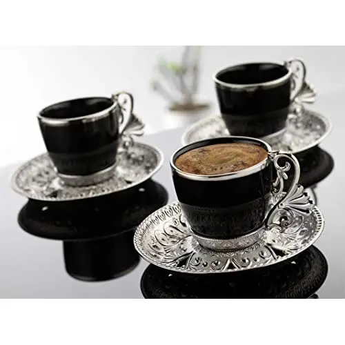 Fancy Turkish Coffee Cup Saucers Set of 6, Porcelain 4 oz. Turkish Coffee Set, Espresso Cup Set, Greek Coffee, Demitasse Coffee