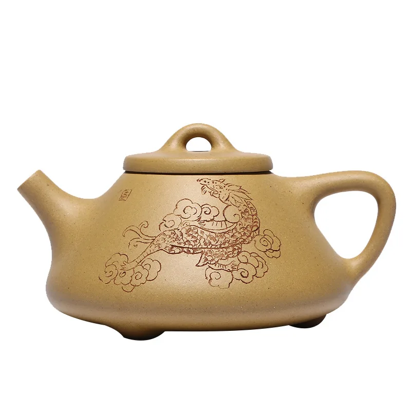 Golden Section of Mud Carved Huiziye Stone Scoop Pot, Zisha Teapot, Yixing Handmade Pot, Kung-Fu Teaware, Purple Clay Drinkware