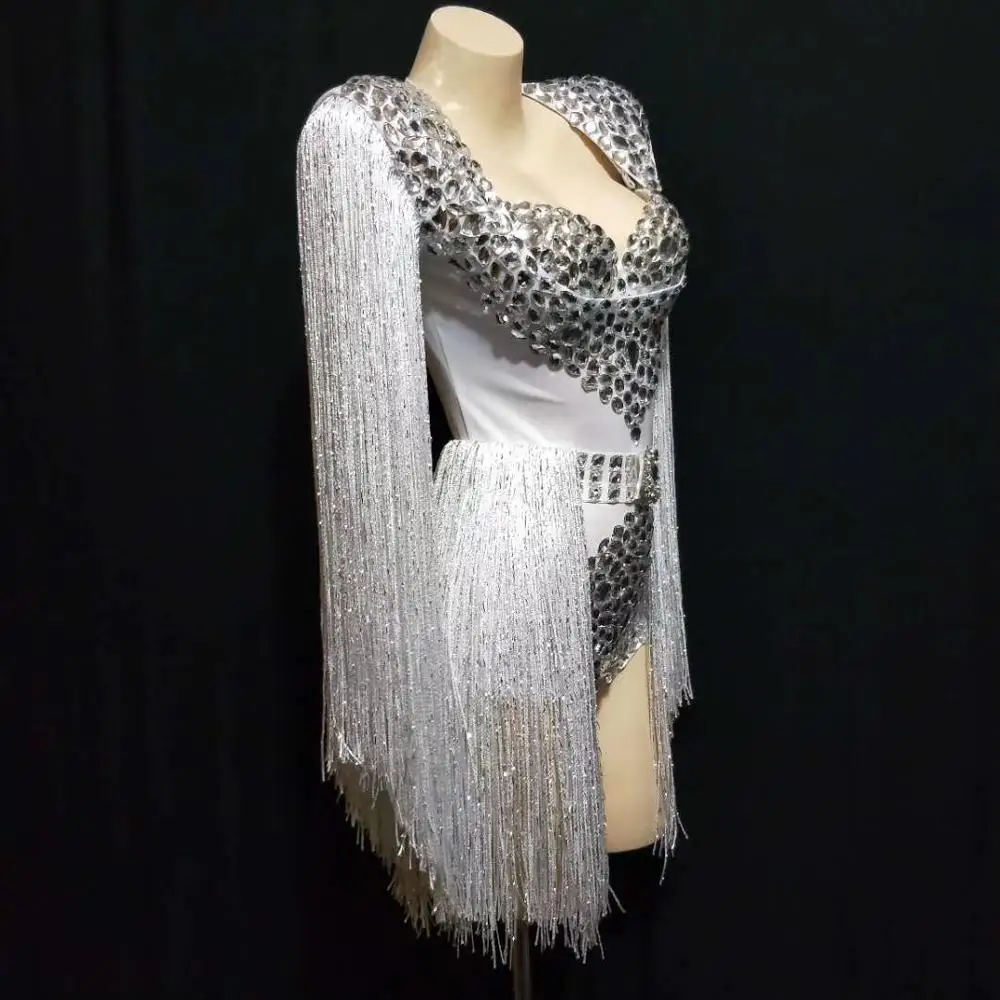 Monos de actuación de escenario con diamantes de imitación de cristal ostentoso para mujer, trajes de baile de Jazz con borlas para club nocturno, mono de uniforme de fiesta de Halloween