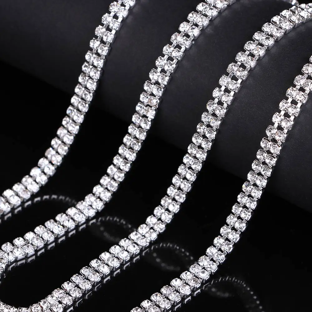 1-row/2-row/3-row 1Yard Silver Crystal Rhinestones Chain Flatback Silver claw Rhinestone Trim crystal for DIY Handcraft Sewing