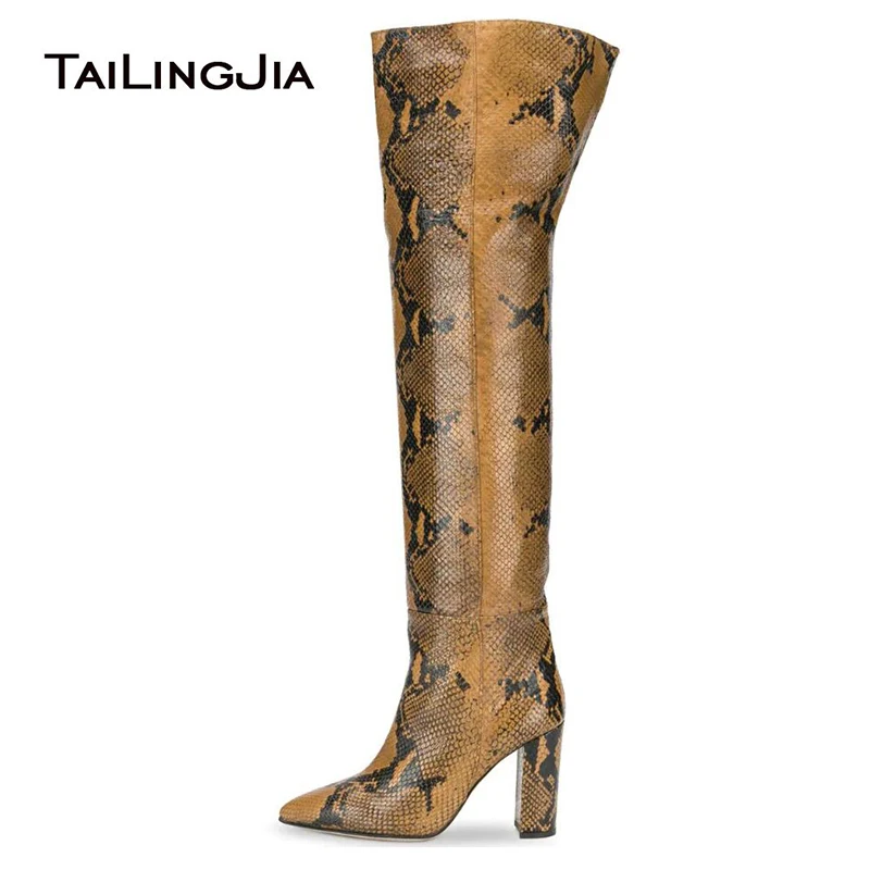 

Snake Print Thigh Boots For Women 2019 Chunky Heel Over Knee Boots Pointed Toe Slip On Long Boot Ladies Winter Shoes Big Size