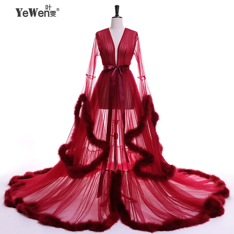 Lange Mouwen Feather Tulle Party Avondjurken 2020 Sexy Bourgondië Rode Formele Prom Dress Gown Vrouwen Plus Size Robe De soiree