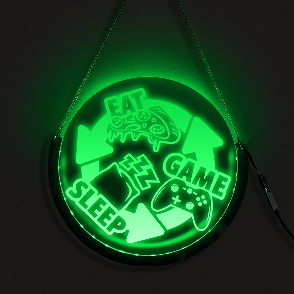 Eat Sleep Game LED Round Hanging Neon Sign Gaming Electric Display Board Gamepad Lighting Home Decor Wall Light Gift For Gamers