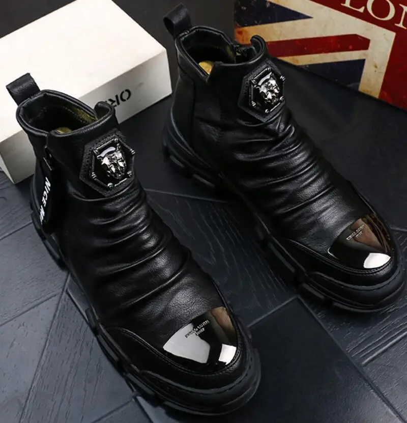 Men Fashion Casual Ankle Boots Spring Autumn Flock Leather Metal Decoration Riding Boots High Top Hip Hop Shoes 38-44 B94