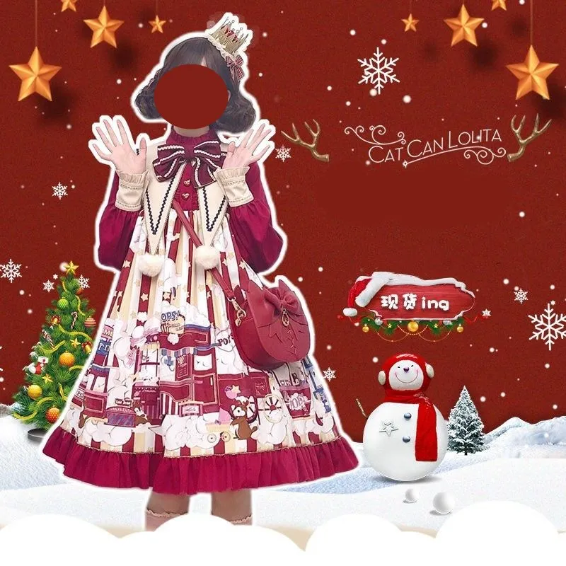 Vestido vermelho lolita com babados para meninas, princesa Op, manga comprida, estilo japonês, roupa kawaii, roupa vintage, ano novo, doce