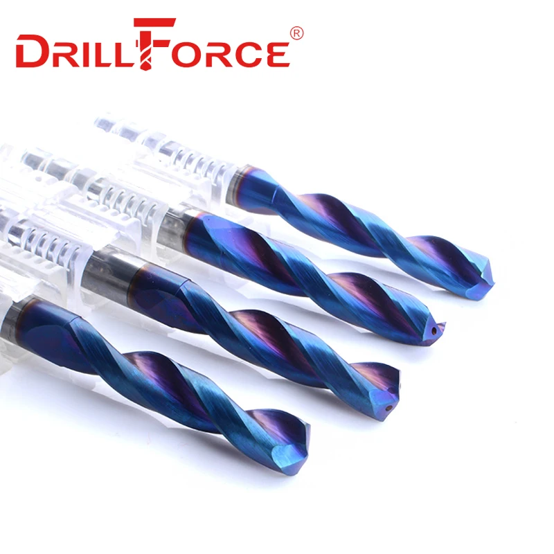 Drillforce 1PC 3mm-16mm HRC65 Solid Carbide Drill Bits, Inner Through Coolant Hole 5D Nano Blue Spiral Flute Twist CNC Drill Bit