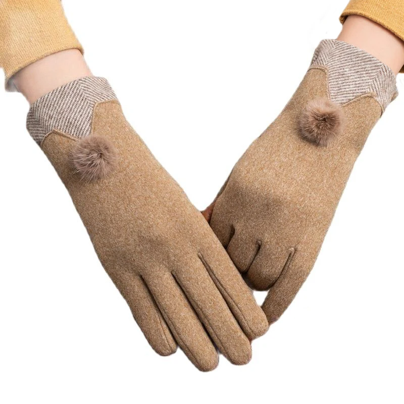 

Autumn Winter Women Thin Fleece Not Bloated Keep Warm Touch Screen Outdoor Cycling Drive Hairball Elegant Elasticity Soft Gloves