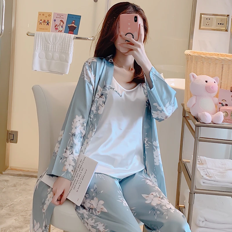 Three-piece nightgown female autumn Korean silky sexy long-sleeve sleepwear printed trousers home wear elegant bathrobe pijamas