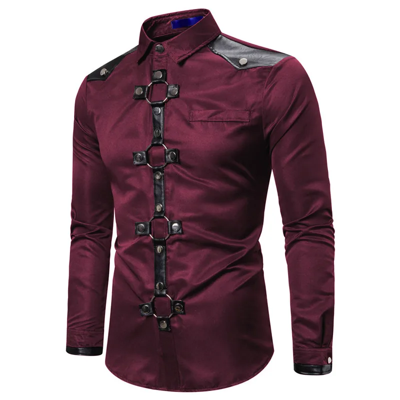 Fashion Long sleeve Shirt Men New Goth Style Rivet Solid Color Cargo Shirt Slim Fit  Party Singer Stage Streetwear