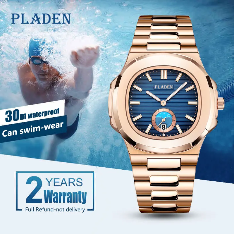 PLADEN-reloj cuadrado de acero inoxidable para hombre, cronógrafo de marca de diseñador clásico azul, fase lunar, luminoso, para negocios