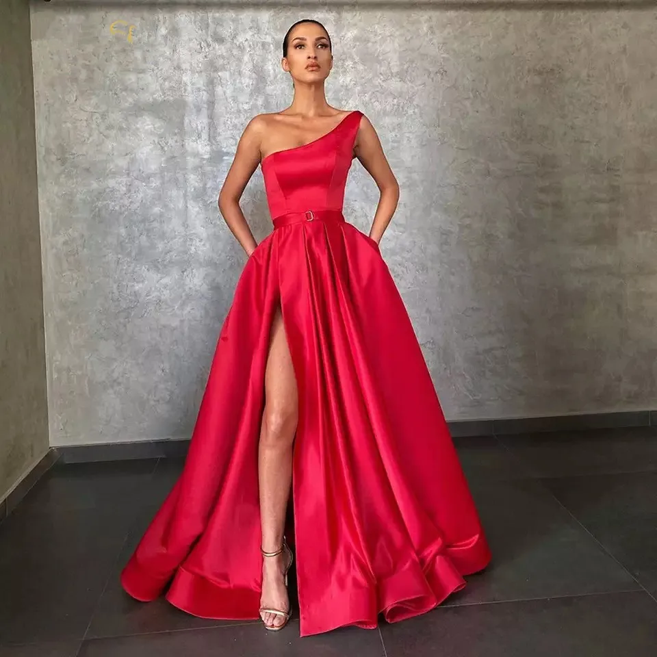 Simple Satin Evening Dresses Long One Shoulder High Split Party Dress Elegant Ruched Robe de soiree 2021