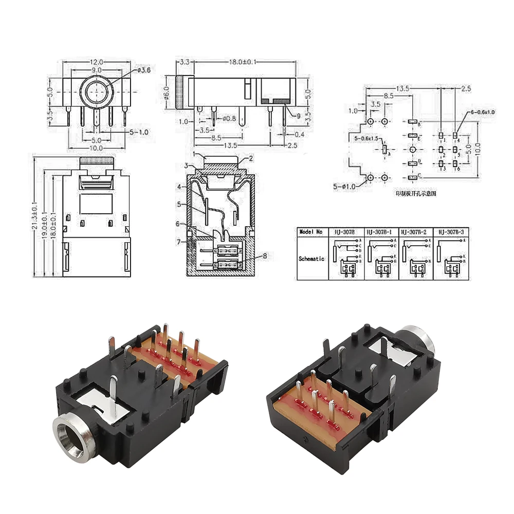 2Pcs Jack 3.5mm Connector with Switch PJ-307 PJ307 3.5mm Stereo Audio Headphone Socket 11Pin PCB Dual Track Female Head Adapter