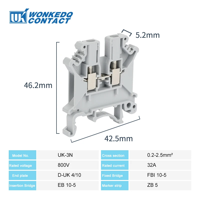 10Pcs UK-3N Screw Wire Electrical Connector UK3 2.5mm² 24-14 AWG Feed-through Universal Plug Din Rail Terminal Block UK3N