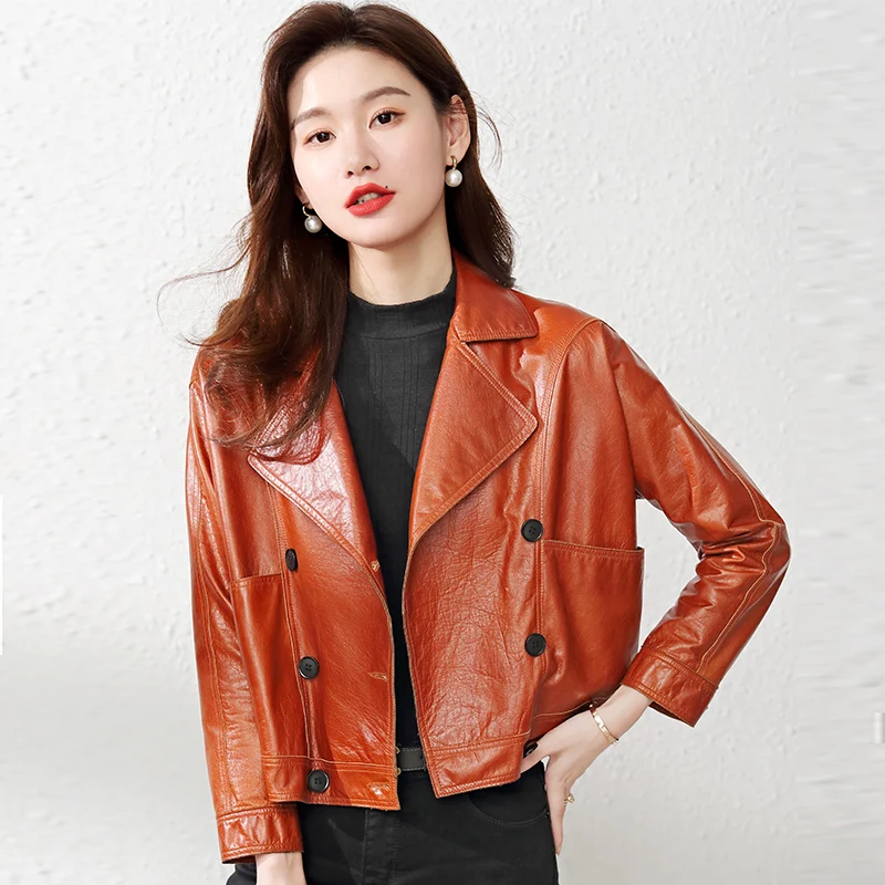 Women Streetwear Genuine Leather Coat Fashion Double Breasted Suit Collar Cowhide Jacket Office Lady Pockets Short Overcoat