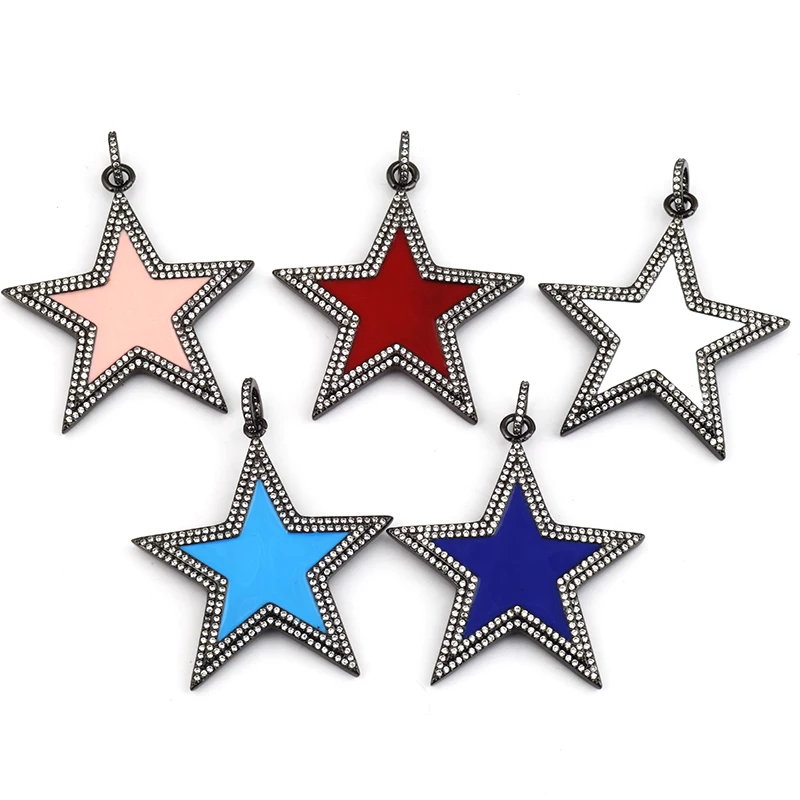 Pink Red White Turquoise Blue Star Focal Pendant Oil Dropped,Micro Paved CZ Cubic Zirconia,Black plated colour, 55mm