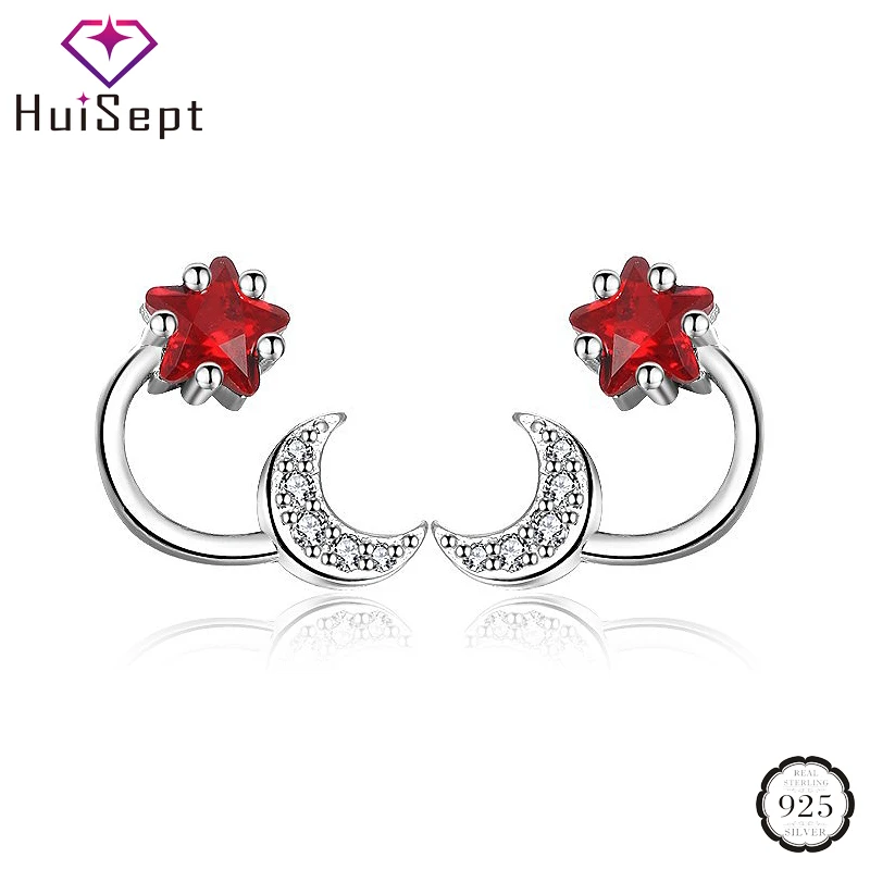 

HuiSept 925 Silver Earrings Star Moon Shaped Ruby Zircon Gemstones Jewelry Stud Earrings Ornaments for Women Wedding Wholesale