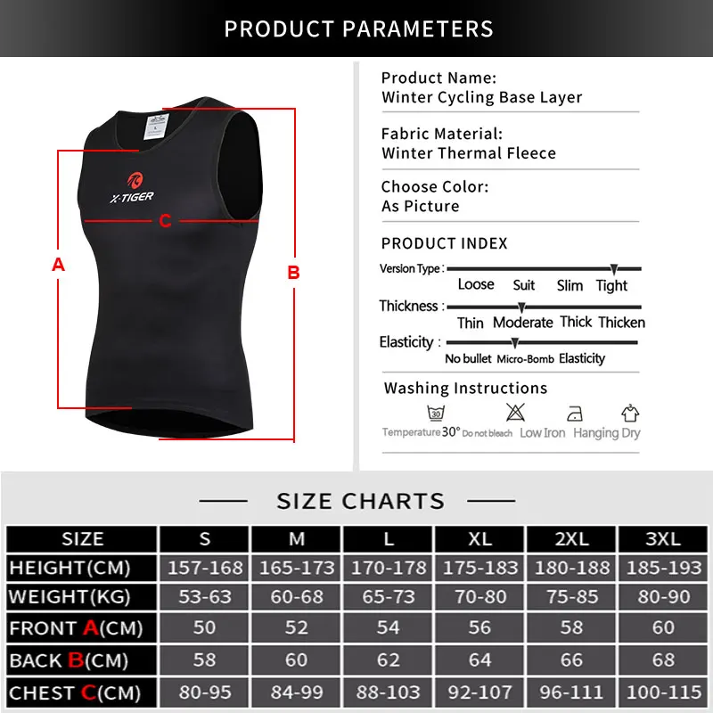 X-TIGER Winter Cycling Base Layer Sleeveless Fleece Sports Bike Jerseys Bicycle Keep Warm Sleeveless Shirt Warm Bike Underwear