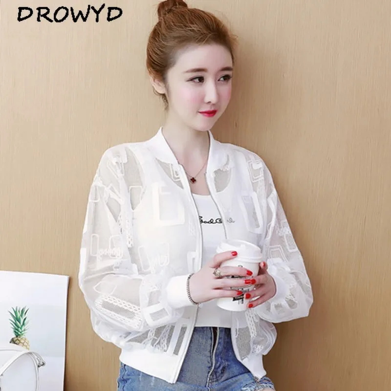 

Summer Casual Solid Color Baseball Short Jacket 2019 New Women's Transparent Thin Loose Bomber Jacket