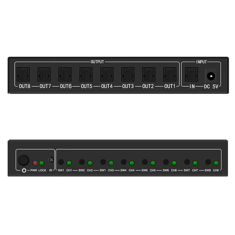 Divisor de áudio óptico digital spdif/toslink, novo estilo, 1x8, suporte para amplificador de áudio, dts/dolby, adaptador de energia, frete grátis