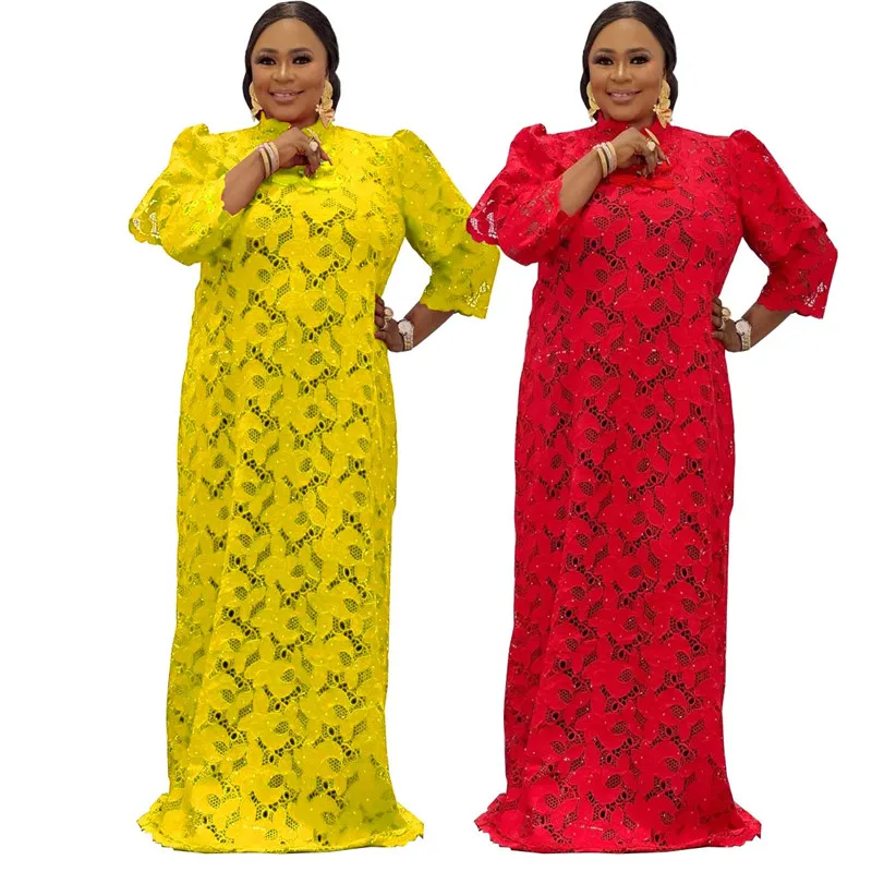 

Solid Color African Lace Abaya Dresses For Women Fashion Dashiki Boubou Lady Casual Bazin Riche Africa Maxi Dress And Inner 2PCS