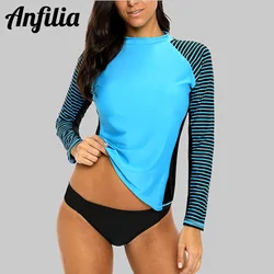 Anfilia-Manga Comprida Listrado Rash Guard Patchwork Swimwear para Mulheres, Surf Maiôs, Top Running, UPF50 Plus