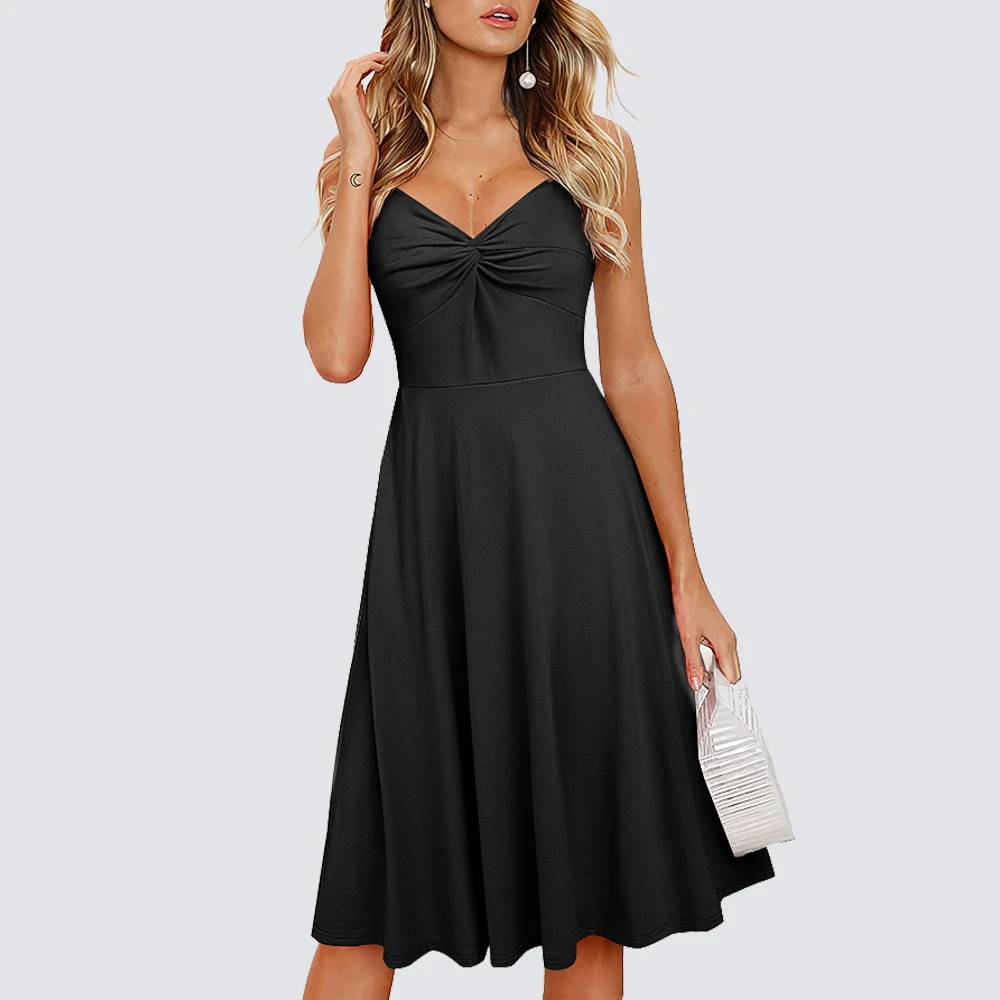 Women Summer Sexy Low Cut Spaghetti Strap Dresses with Pockets Casual Holiday Flare Dress HA268