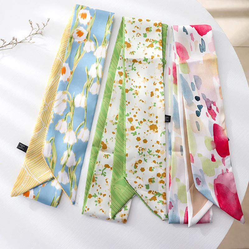 Summer Thin Long Small Silk Scarves Flower Hair Ribbon Tied Hair Decorative Scarf Tied Bag Scarf  For Women