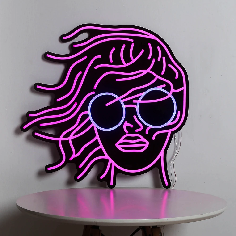 Pink WOMEN GIRL HEAD PORTRAIT Glasses Led Neon Lights Shaped Neon Wall Art for SPA, Cinema, KTV Nail Salon Home Décor Bedroom