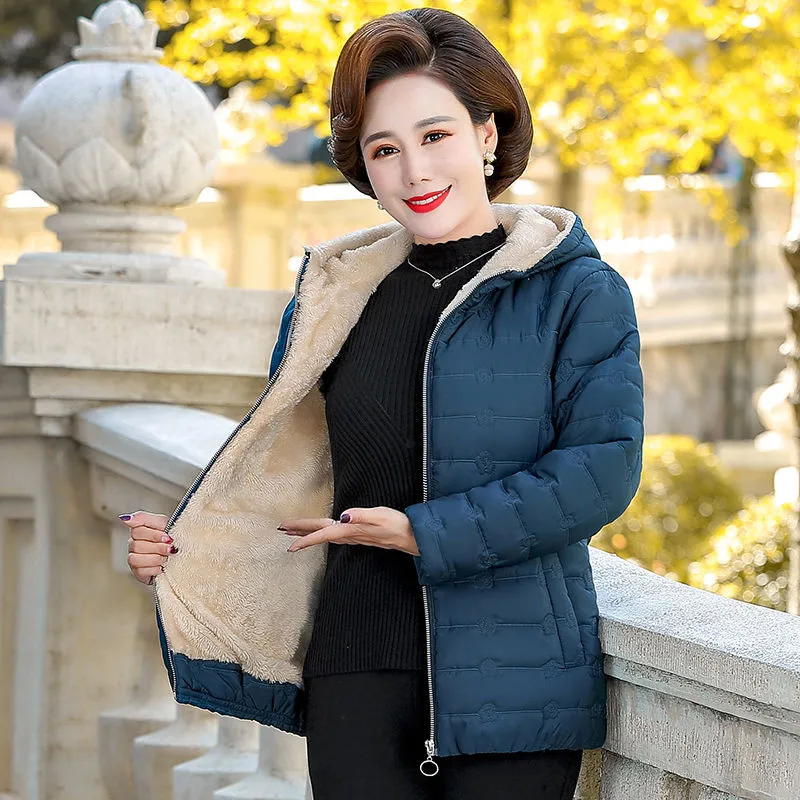 Autumn Winter Middle-aged Lady Hooded short Jacket Women Slim Plus Cashmere Warm Coat  Casual wam coat