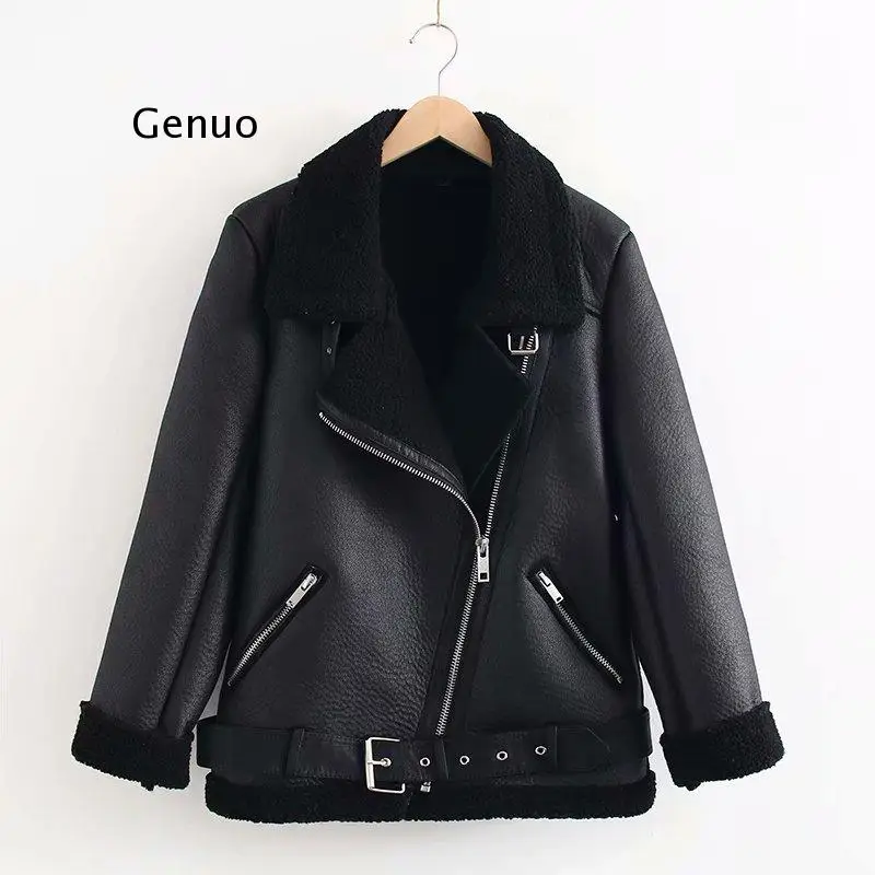 winter loose black PU Leather Jacket women fur collar Motorcycle coat Streetwaer warm Biker jacket outwear 2021