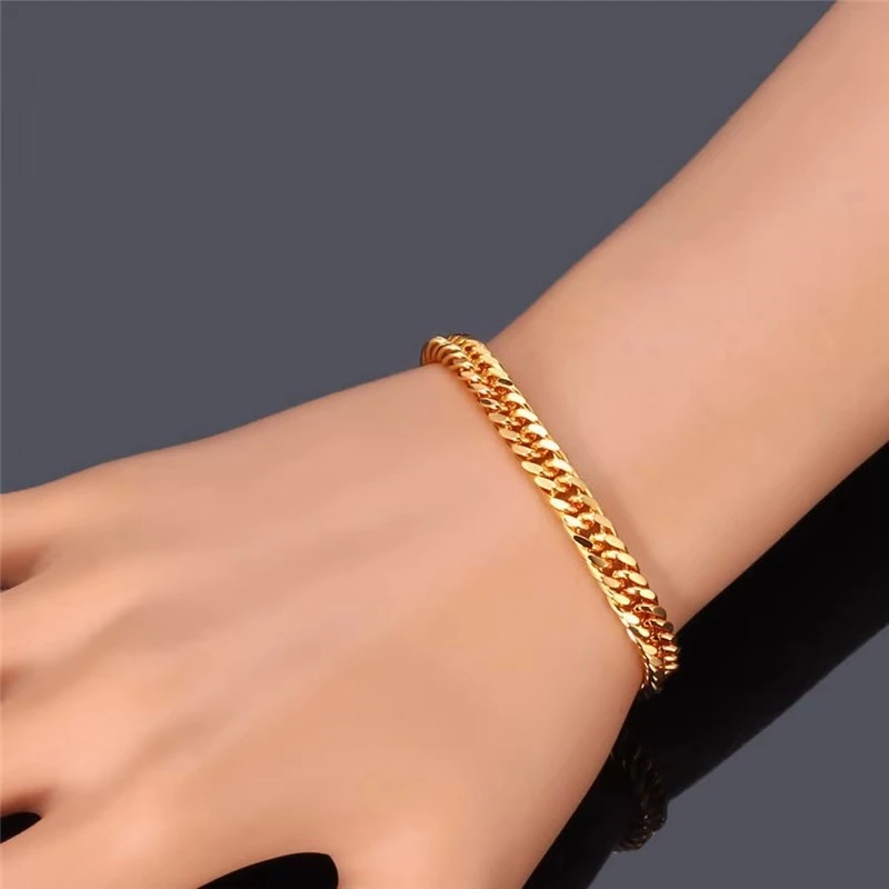 925 Sterling Silver/ 18K Gold Plated Bracelets For Man Women 6mm Sideways Link Chain Bracelet & Bangle Wristband Fashion Jewelry