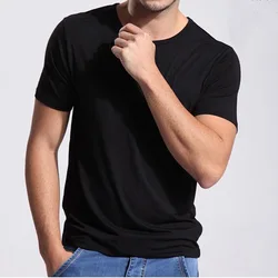 Men Summer Soft Quality Bamboo Fiber T-Shirt Undershirts Top Round Neck Solid Color Slim Fit