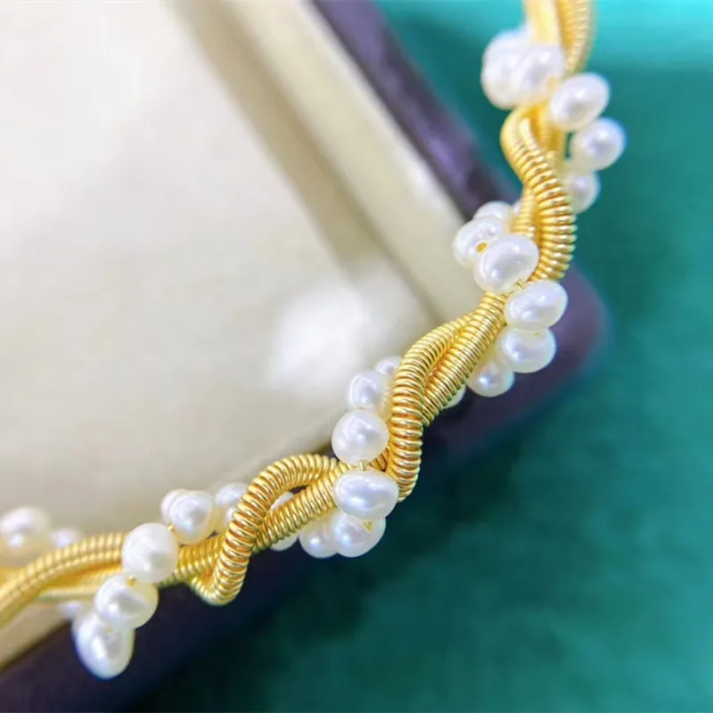 Free shipping twist gold wire mini natural real pearl beads bracelet open end adjustable size natural gemstone jewelry women