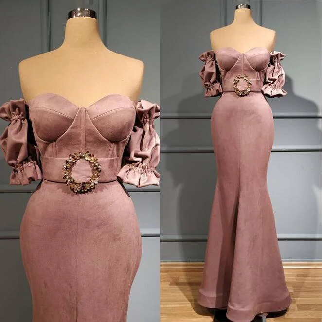 Robe de bal de forme sirène, rose poussiéreux, épaules dénudées, corsage, Sweetheart, perlé, taille, demi-manches, tenue de soirée arabe, 2021