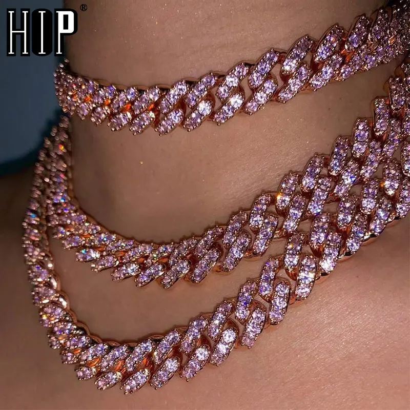 Hip Hop 12MM Full Iced Out Paved Pink Rhinestones Miami Prong Cuban Chain CZ Bling Rapper Necklaces Bracelet For Men Jewelry