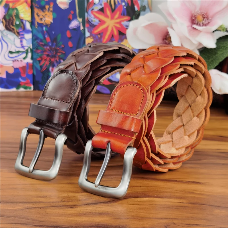 Braided Belt Luxury Leather Men Belt Ceinture Vintage Women\'s Belt Real Leather Belts For Women Waist knitted Belt Lady MBT0508